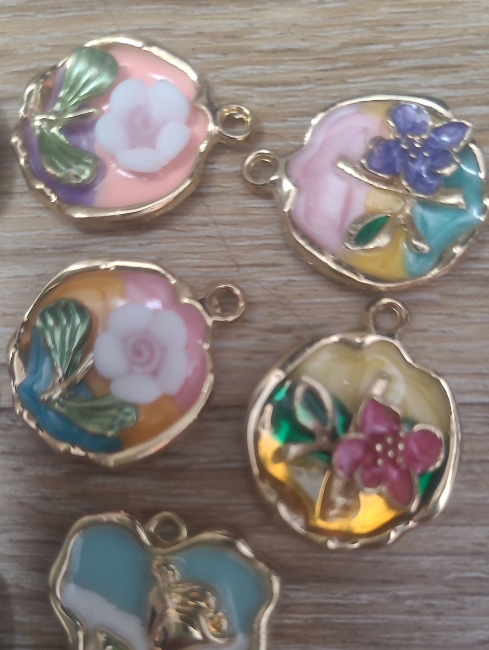 Floral Enamel Charm Pendant - Multicolor Gold Trim